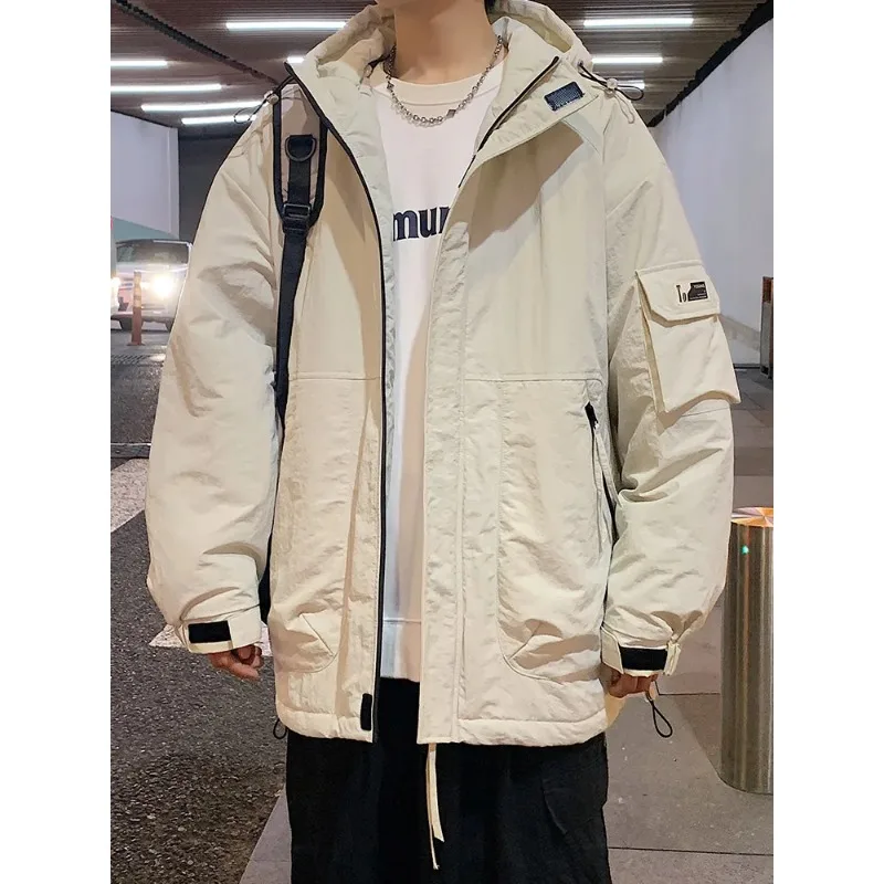 Parka grossa de capuz masculino com bolsos múltiplos, jaquetas quentes, corta-vento casual, casaco térmico, acolchoamento