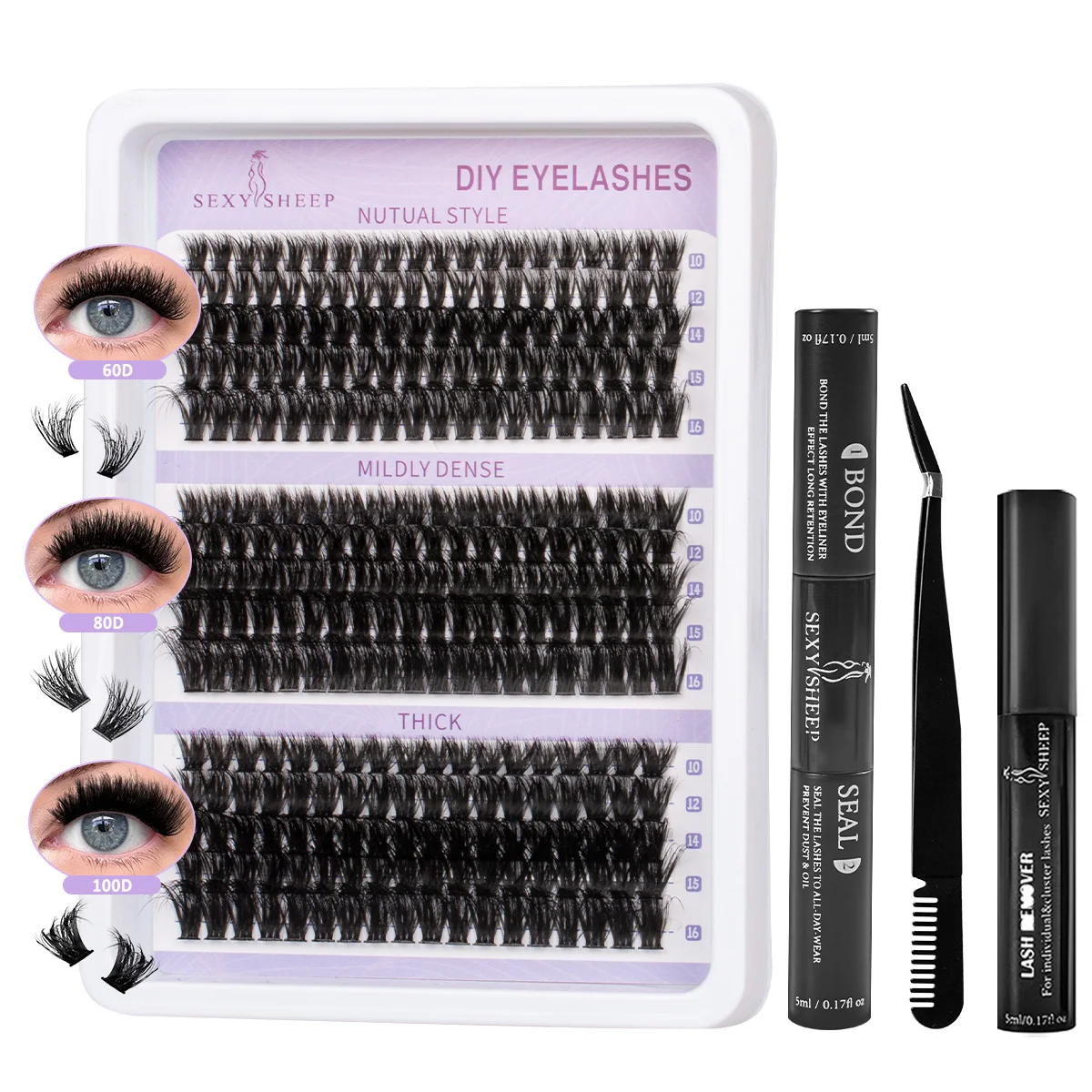 ISEEN DIY Wimpernverlängerungsset, 300 Stück, Wimperncluster, individuelles Wimpern-Set mit Wimpernbindung und Dichtung und Wimpernpinzette, Wimpernentferner