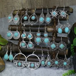 Etnische Boho Blauwe Steen Zilveren Kleur Dangle Oorbellen Vintage Grote Dangle Water Drop Oorbellen Voor Vrouwen Turkoois Jhumka Sieraden
