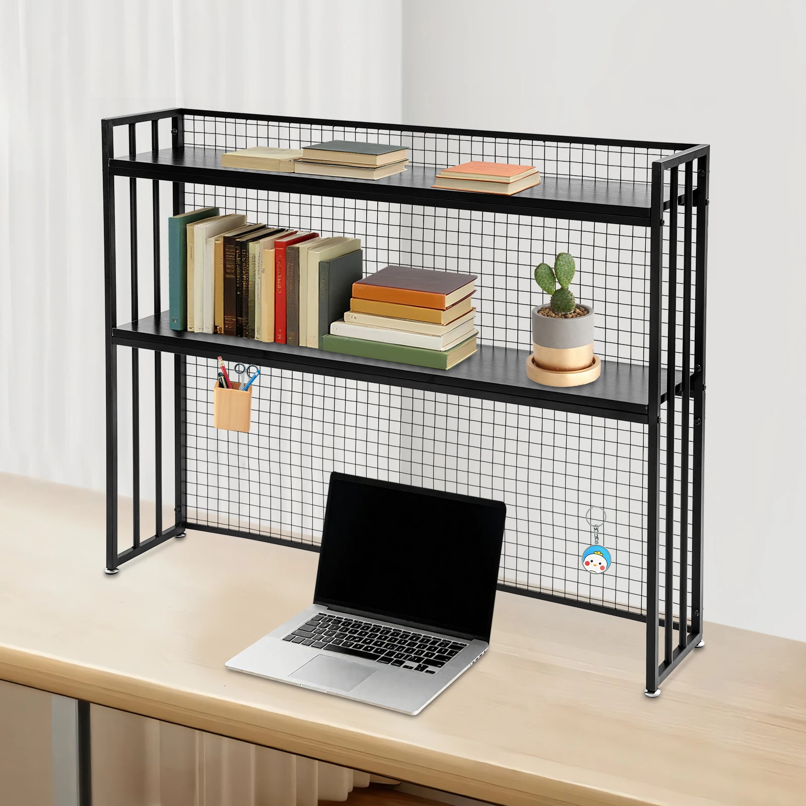 

2 Tier Metal Mesh Desktop Bookshelf Black Storage Rack with Chalkboard for Office Study Home Organizer