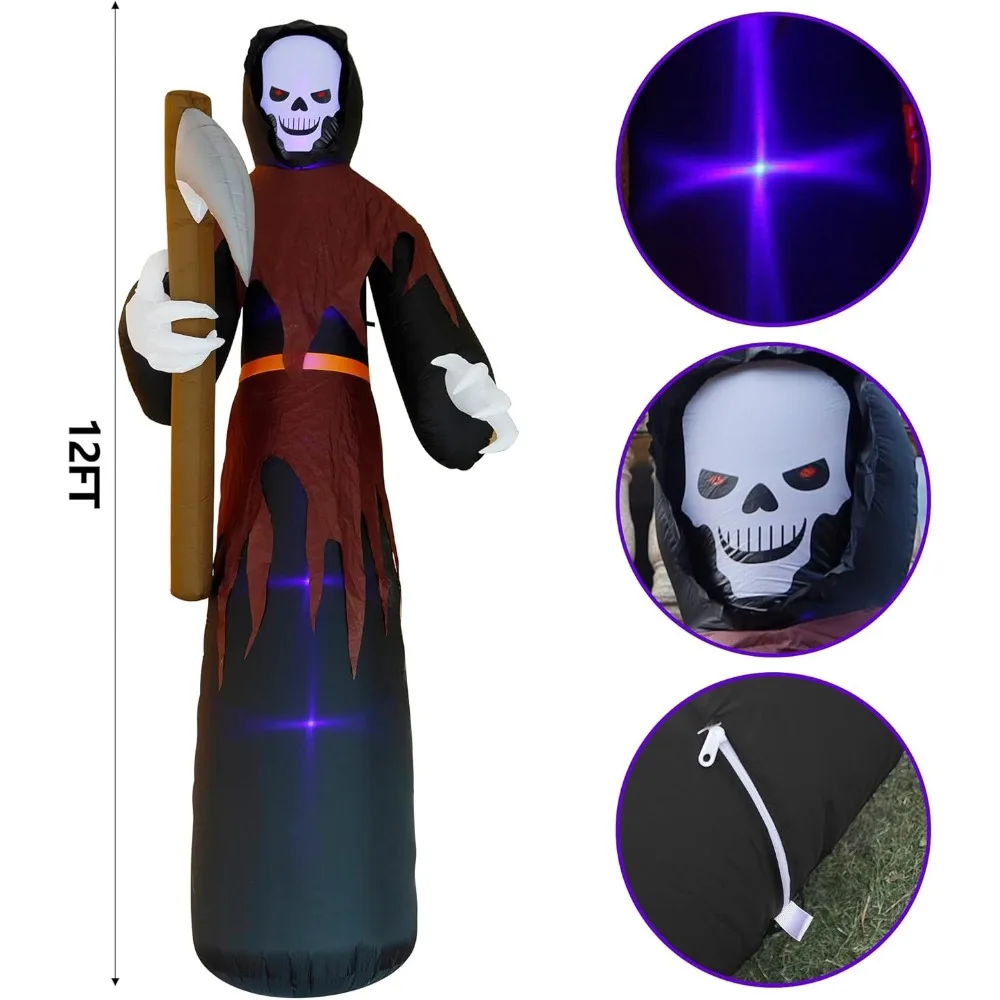 12 FT Halloween Inflatables Large Lighted Reaper Grim Ghost, Giant Scary Ghosts with LED Lights Animated Blow Up Yard Prop