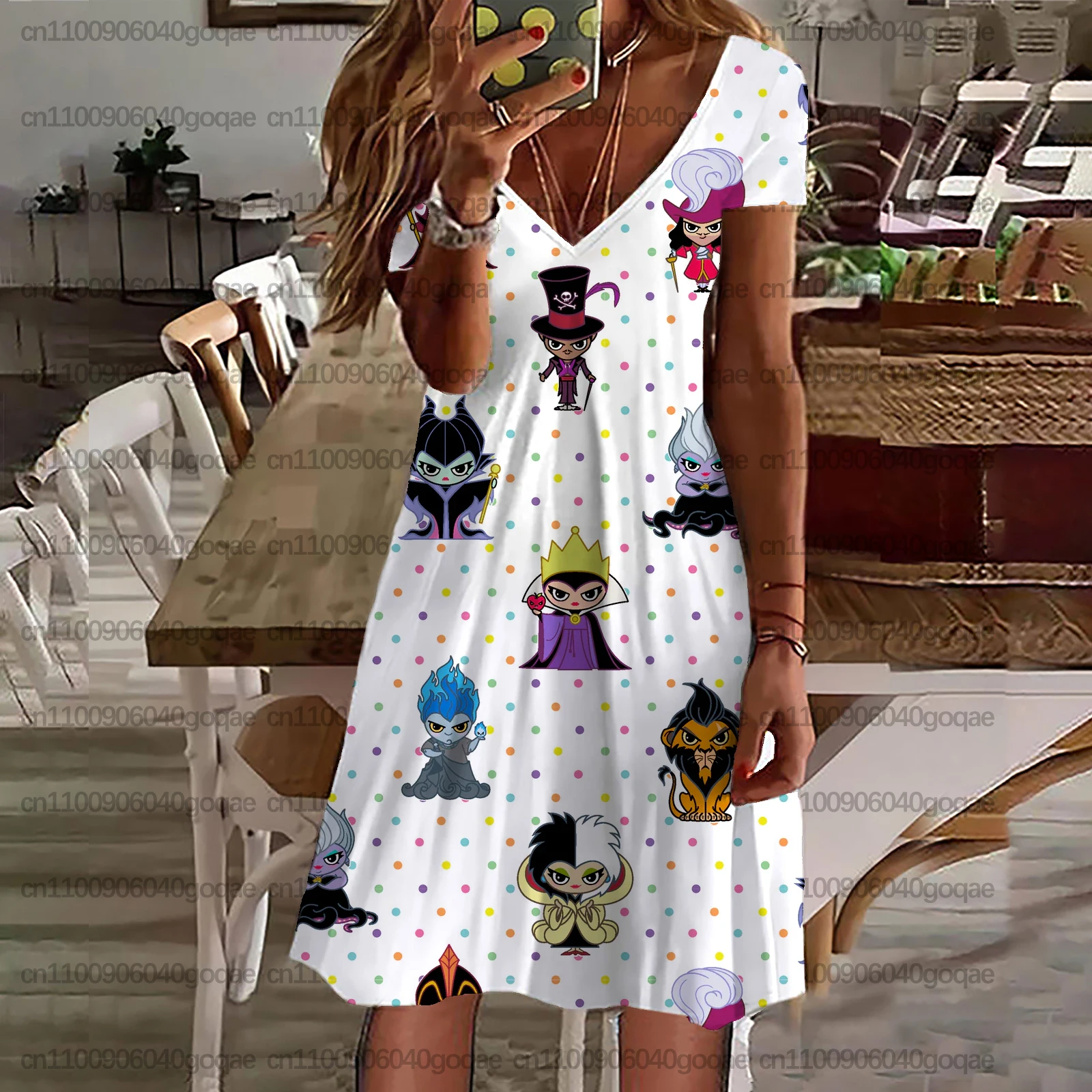 New Summer Women's Dress/T-shirt with Sleeping Devil Print, V-neck, Short Sleeve, Casual Travel Beach Style Dress, Simple Style