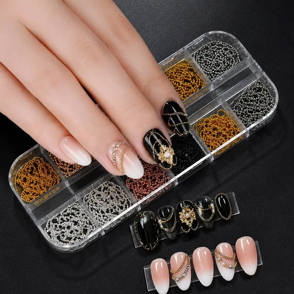 

12Grids/Box Assorted Style Chains Nail Charms Silver Gold Black Rose Alloy Chain Nail Decor High End Glam Alloy Chains NailPart