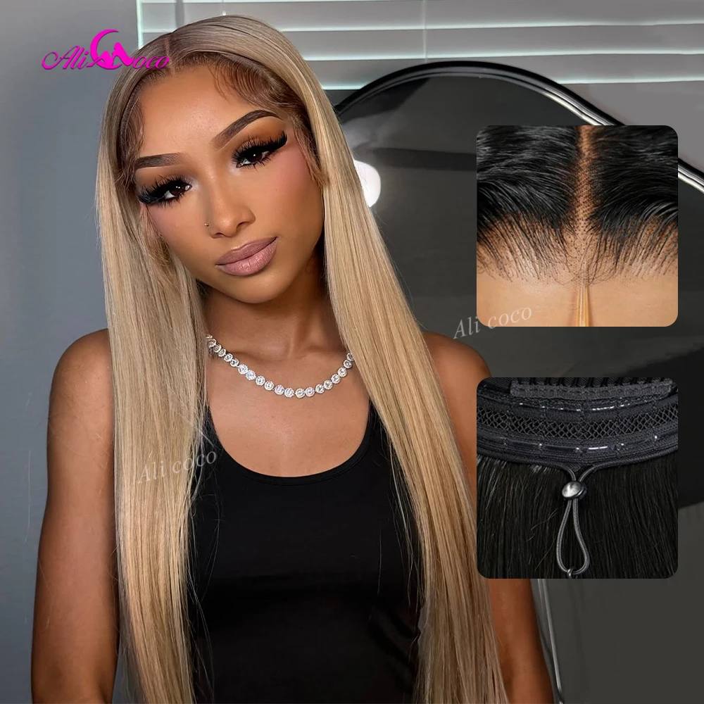Ombre Milk Tea Colored Human Hair Wigs Drawstring Pre-cut Straight Invisible 13x6 Lace Front Glueless 180 Density 32 Inches