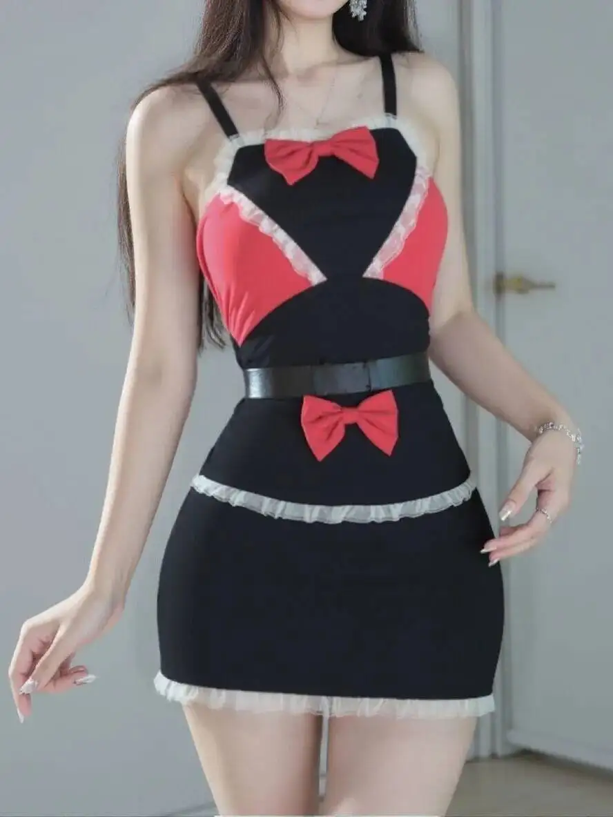 Delantal de sirvienta en vestido encantador lindo dulce lazo encaje recortado espalda descubierta tirantes en V profundo sin mangas vestido envolvente a la cadera elegante II1M