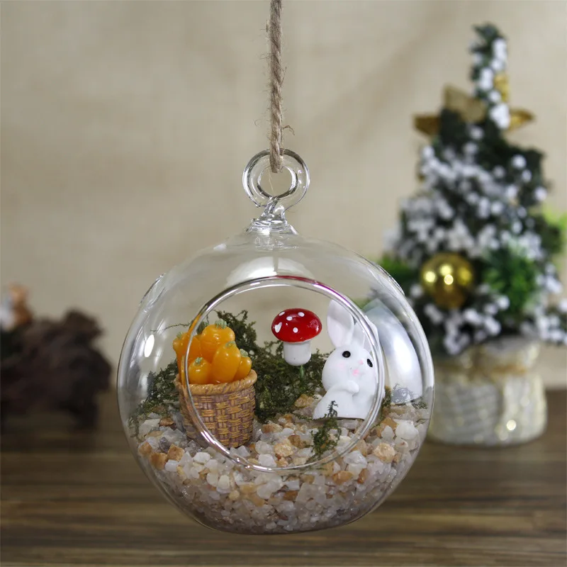 Hanging Micro Landscape Transparent Glass Ball Terrarium Succulent Plant Moss Hemp Rope Iron Frame Glass Hanging Ball Vase Decor