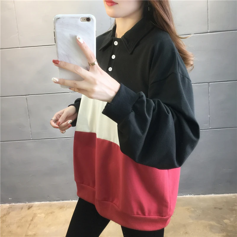 Spring and Autumn Women's Polo Neck Button Long Sleeves Contrast Color Loose Pullers Fashion Casual Korean Commute Tops