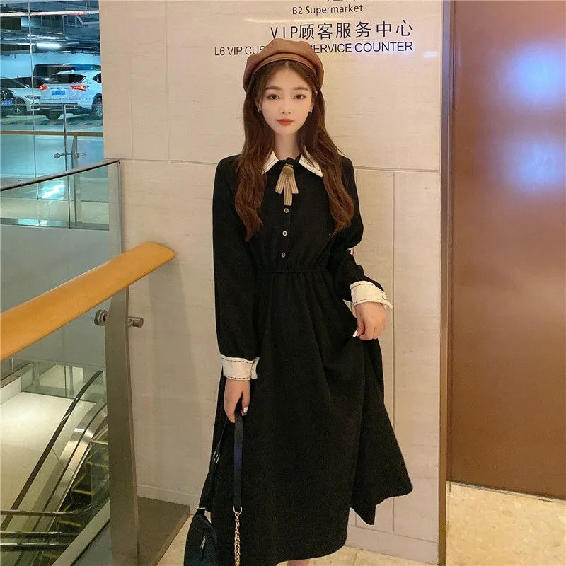 Dresses Women Retro Elegant Design Autumn Leisure Comfortable Simple Ladies Fashion Korean Style Solid All-match Sweet Lovely