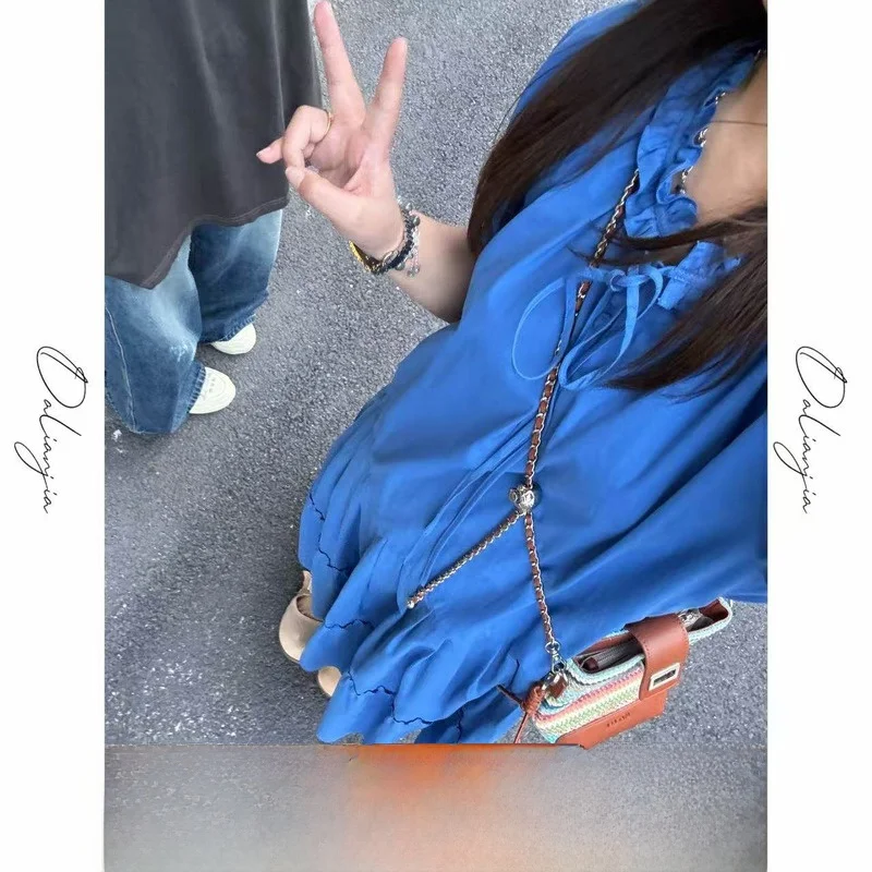 

Свободное синее платье-ханьфу с V-образным вырезом, регулируемой талией на шнурке и длинными рукавами для молодых женщин