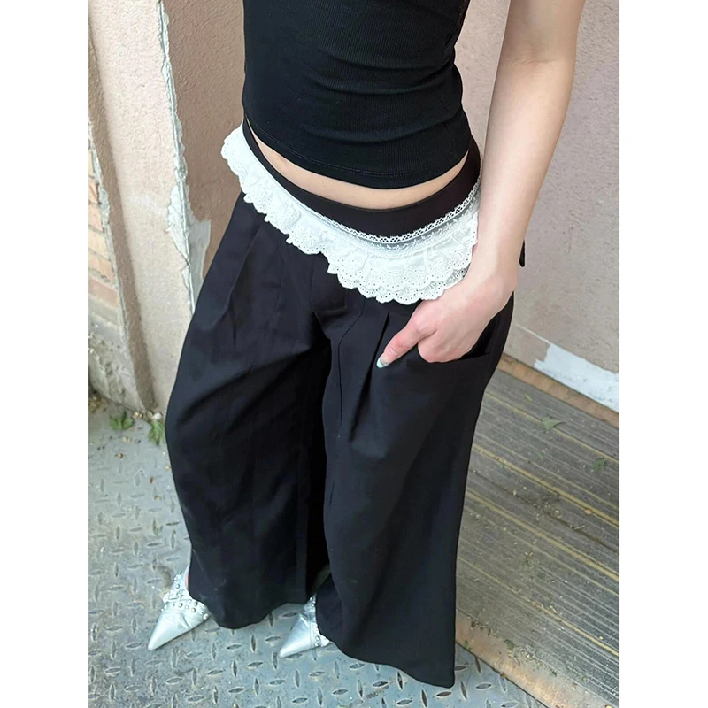 

PBAP Lace Trim Low Rise Wide Leg Pants Women Retro Color Block Splice Straight Pleated Front Suit Trousers Summer Casual Clothes