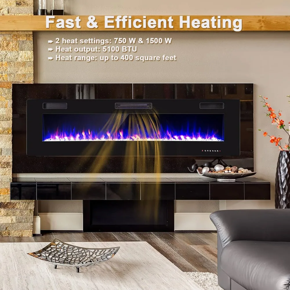 68 Inches Ultra-Thin Electric Fireplace, 5100 BTU Recessed and Wall Mounted Fireplace Insert with Remote Contro