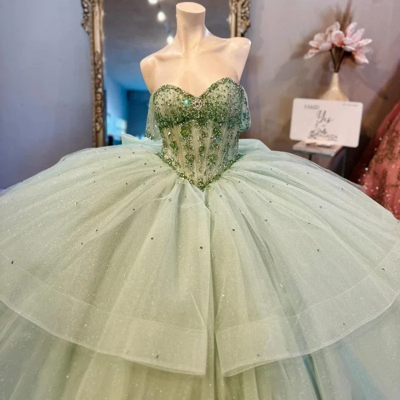 Robes de Quinceanera princesse vert clair à lacets brillants, perles, nœud en cristal, Corset en tissu, Off Initiated, 15 Swee