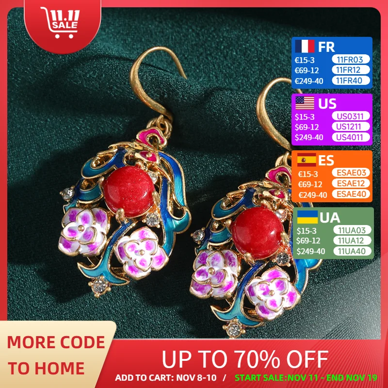

Vintage Enamel Palace Colorful Flower Earring Drop Gold Color Hook Red Agate Jewelry Designer Luxury For Woman Accessories 2025
