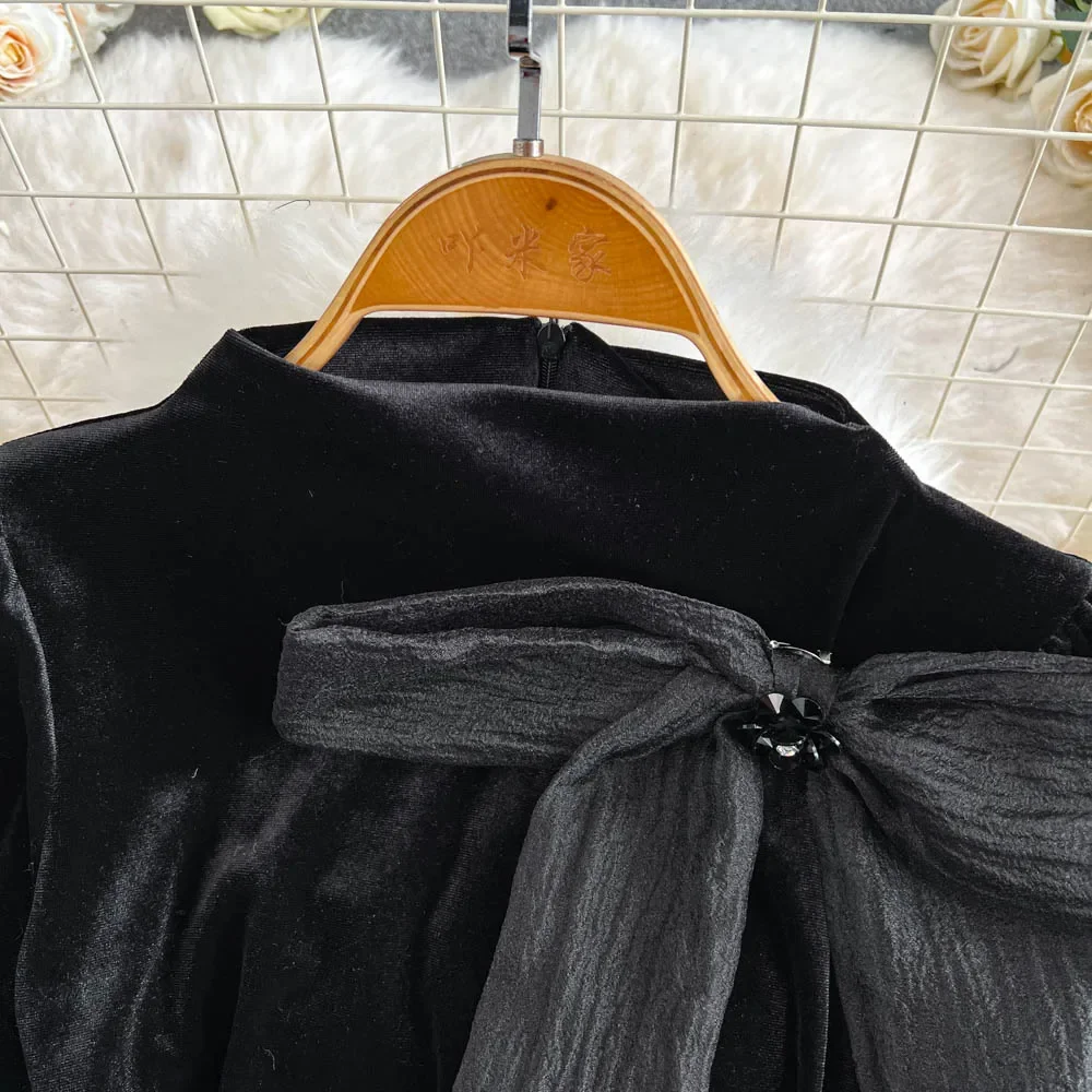 Women Elegant Long Sleeves Vintage Stand Collar Chic Bow Rhinestone Slim Ruffle Dress Evening High Street Autumn Winter Clothing