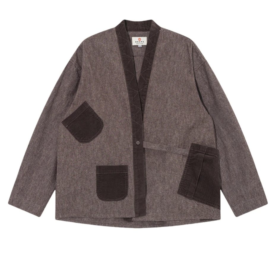 Vintage Patchwork Cargo Jackets Mens Japan Style Multiple Pockets Cardigan Kimono Harajuku Loose Casual Cotton Coats Male