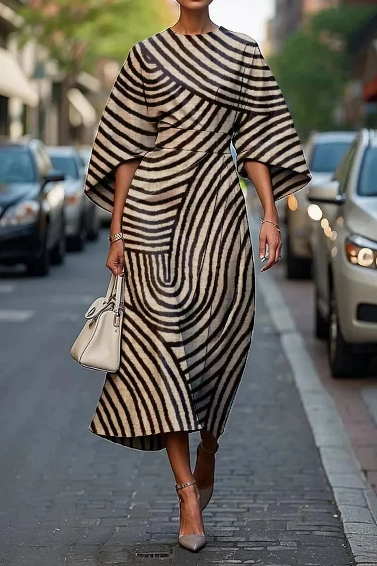 Elegantes Damen-Midikleid mit Blumendruck, weiten Ärmeln und Taillengürtel, 2022, trendige Frühlings- und Sommerkleidung