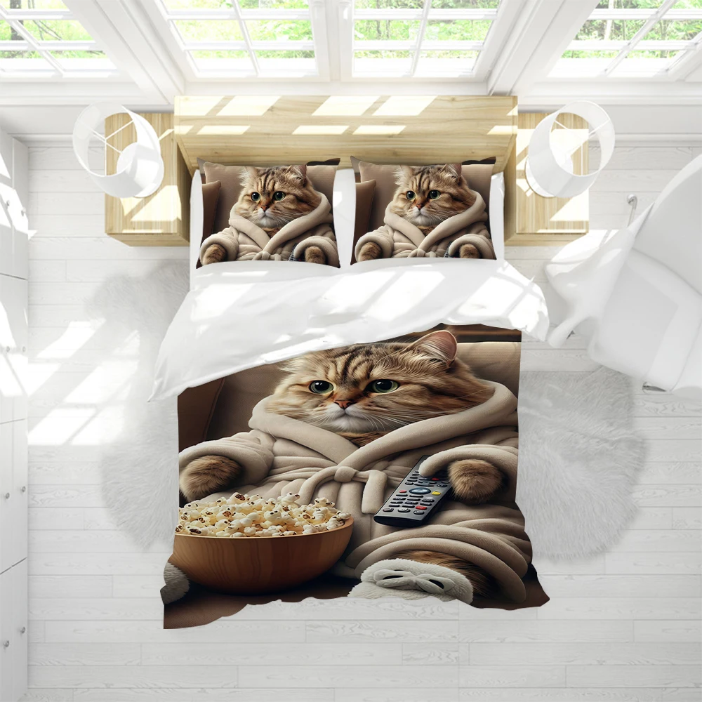 Cute cats eat snacks Duvet Cover Set Soft Wash Bed 3 Piece Summer Comfortable Student Dormitory Home Baby Bedding Best seller