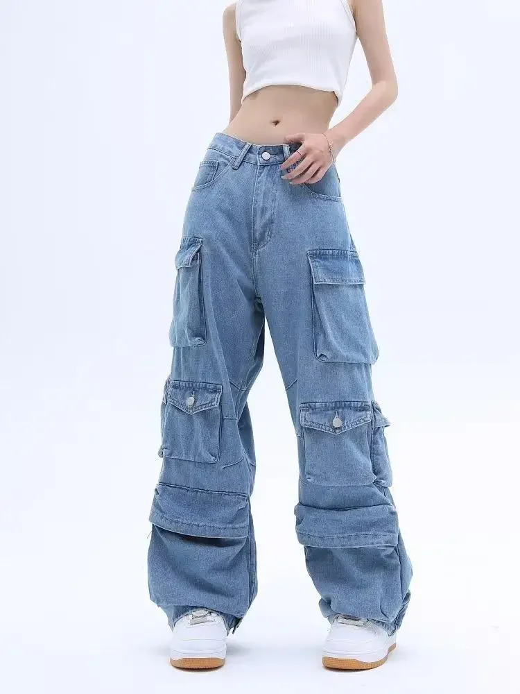 

Pocket Solid Color Overalls Jeans Women's Y2K Street Retro Loose Wide-Leg Overalls Couple Casual Joker Mopping Jeans Pants Women