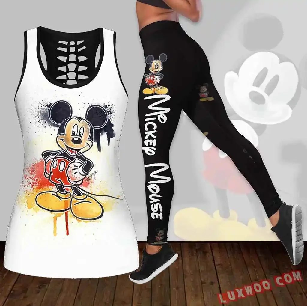 New Mickey Mouse Women's Hollow Tanktop Leggings Yoga Set Summer Fitness Leggings Tracksuit Disney Cutout Tank Top Leggings Set