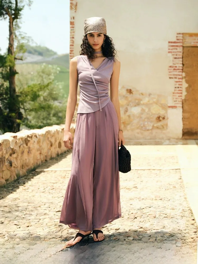 

Women's V-neck T-shirt And Chiffon Wide-leg Pants Set Summer Fashion Casual Loose Feelings Cross Design High Waist Trousers
