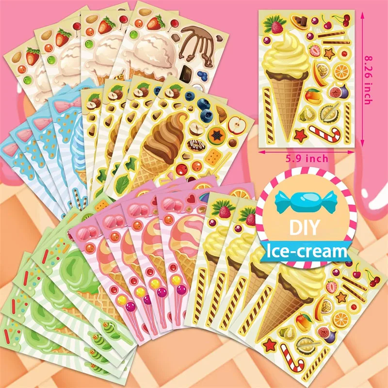 Puzzle naklejki z lodami DIY naklejka z twarzą stwórz własny sorbet deser układanka dla dzieci chłopcy dziewczęta zabawki na imprezę prezenty urodzinowe