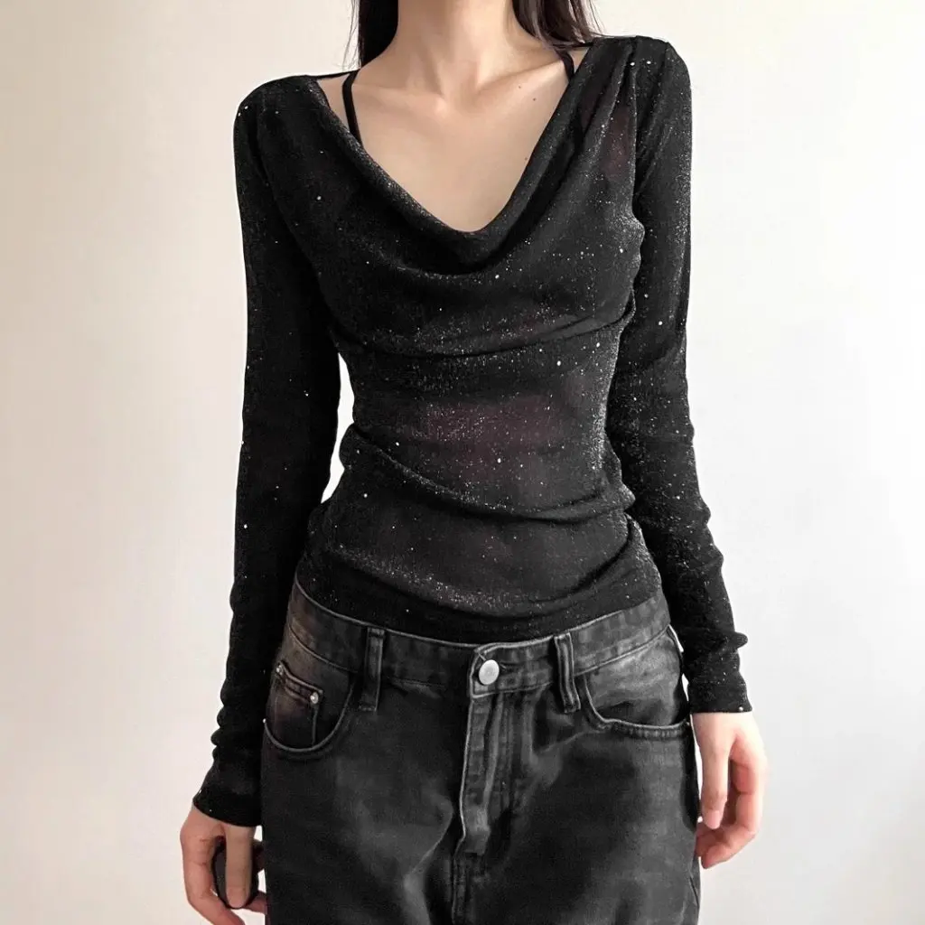 

Salt Style Women's V-neck Long-sleeve T-shirt Sequins Design Slim-fit Elegant Top for Spring And Autumn Trendy All-match
