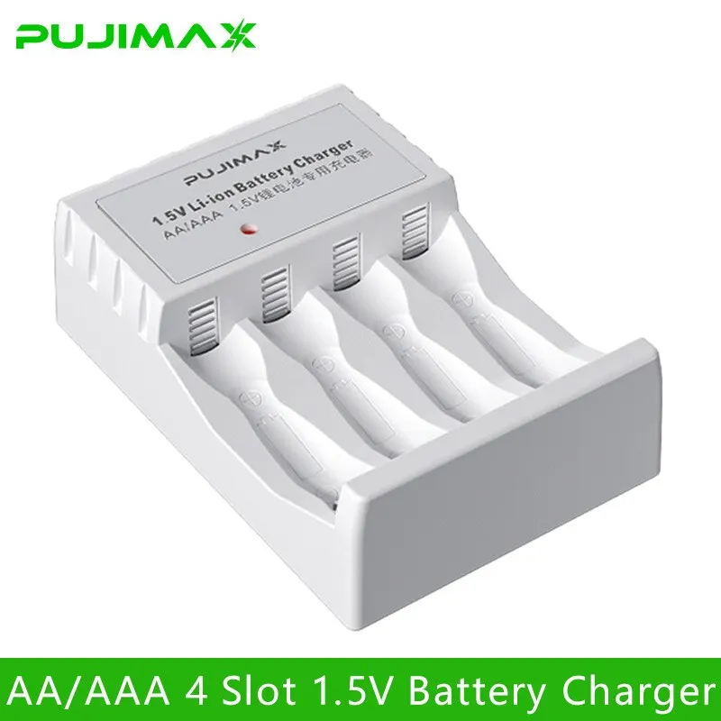 PUJIMAX New AA 1.5V Lithium Battery Charger 4 Slots LED Fast Charger with Charging Cable Charger Station for Rechargeable Li-ion