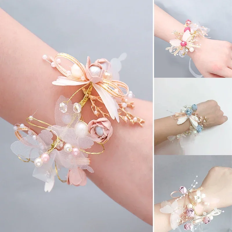 Bridal Crystal Pearls Ribbon Wrist Flower Handmade Flower Butterfly Bracelet Girls Bridesmaid Wedding Accessories