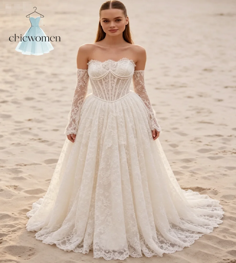 Enchanted Princess Lace Wedding Dress With Pearls Chain Curvy Women Beach Bride Gown With Detachable Sleeves Plus Size Gatsby
