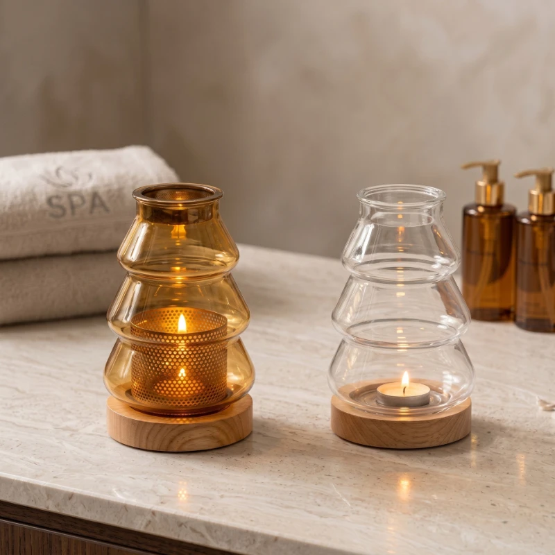 Christmas Tree Glass Wax Melt Burner, Wooden Base Adjustable Aroma Diffuser, Bedroom Bedside Ambient Light Aromatherapy Lamp