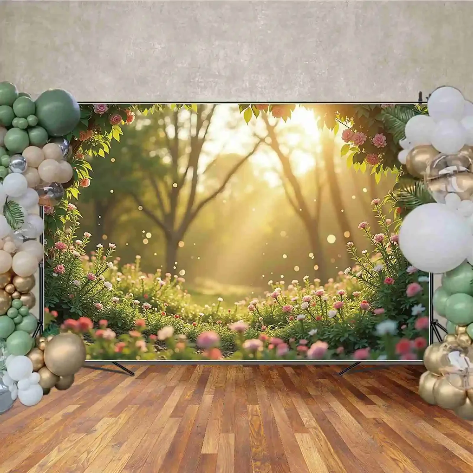 MOON.QG Fondo de fotografía de Pascua con hojas de hierba y flores de primavera, accesorios personalizados para estudio de fiesta de cumpleaños para niños