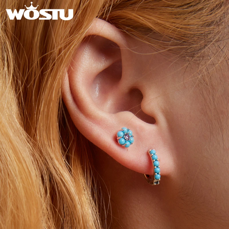 WOSTU Pure 925 Sterling Silver Natural Flower Turquoise Stud Earrings For Women s925 Studs Minimalism Party Jewelry Gift FNE601