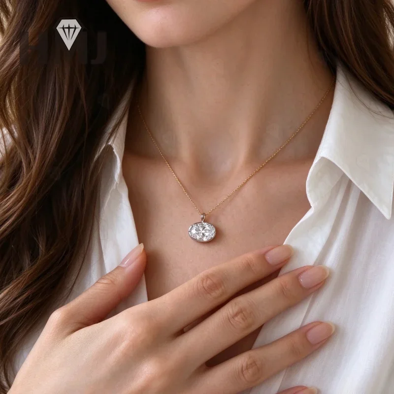 3ct Diamond Pendants Necklace East West Oval Cut Genuine 18K 14K Gold Bead Chain Wedding Charms Stackable Jewelry for Women