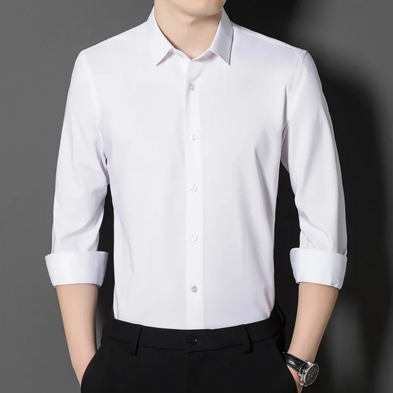 

Higth quality silk long sleeve shirts for men slim fit formal shirt elastic anti-wrikle white soft black office designer clothes