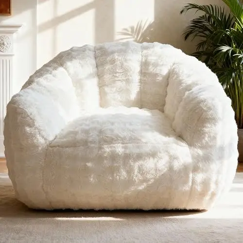 Giant Bean Bag Chair, Fluffy Bean Bag Chair with Armrest, Memory Foam Beanbag for Adults, Beige(Pillow not Included)