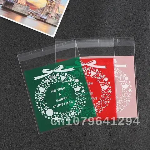 100PCS Christmas Cookie Candy Dragee Package Self Adhesive OPP Gifts Bag New Year 2021 for Noel Home Party Packing Decoration