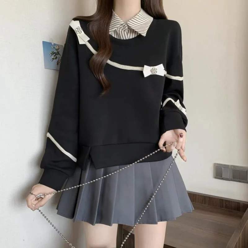 レディース スウェットシャツ ストライプ 韓国風 リボン付き コットン カジュアル ノベルティ Y2K ヴィンテージ 90年代風 フェイクツーピース風 女性用プルオーバートップス