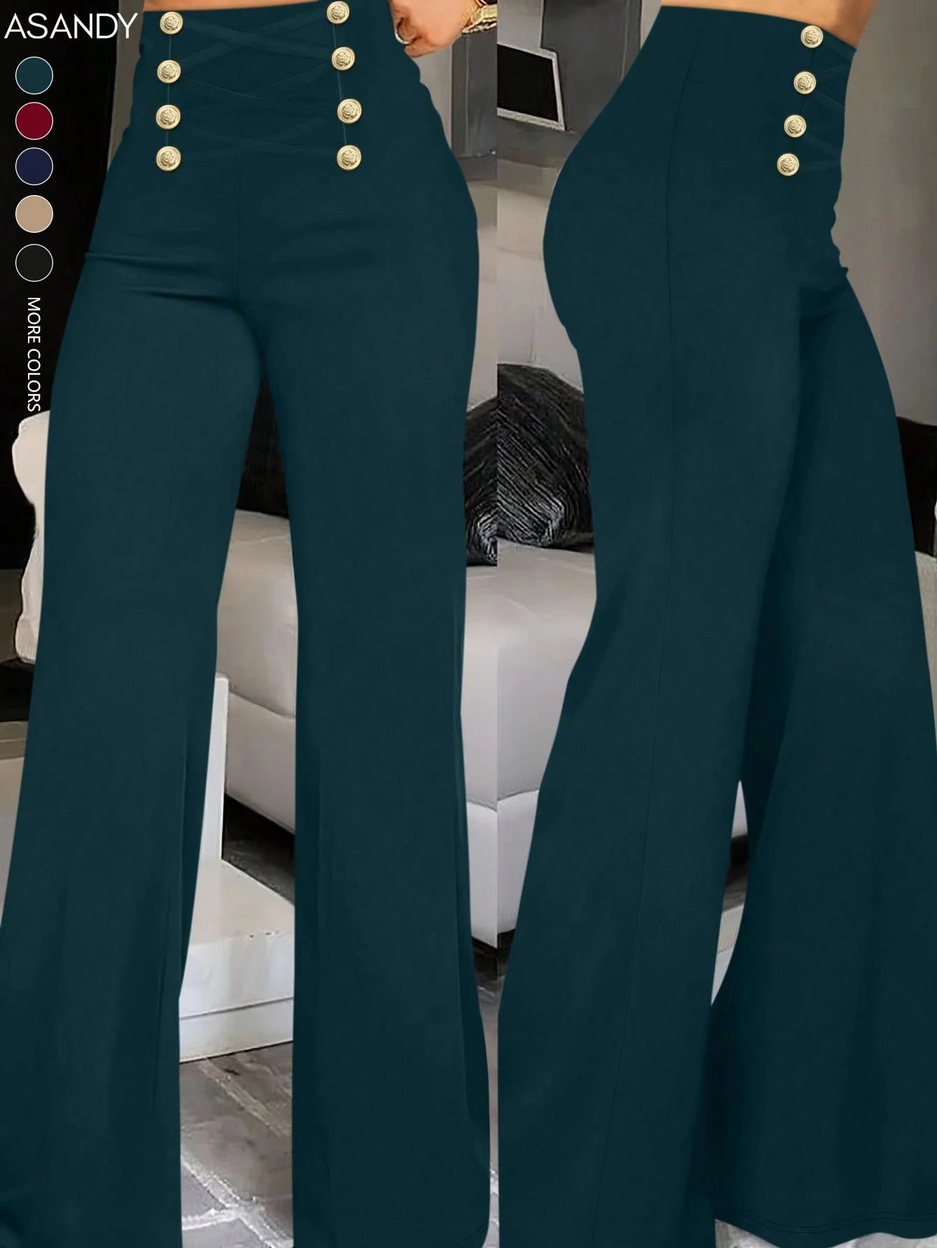 

Women's High Waist Flare Pants With Gold Buttons Vintage Office Casual Spring