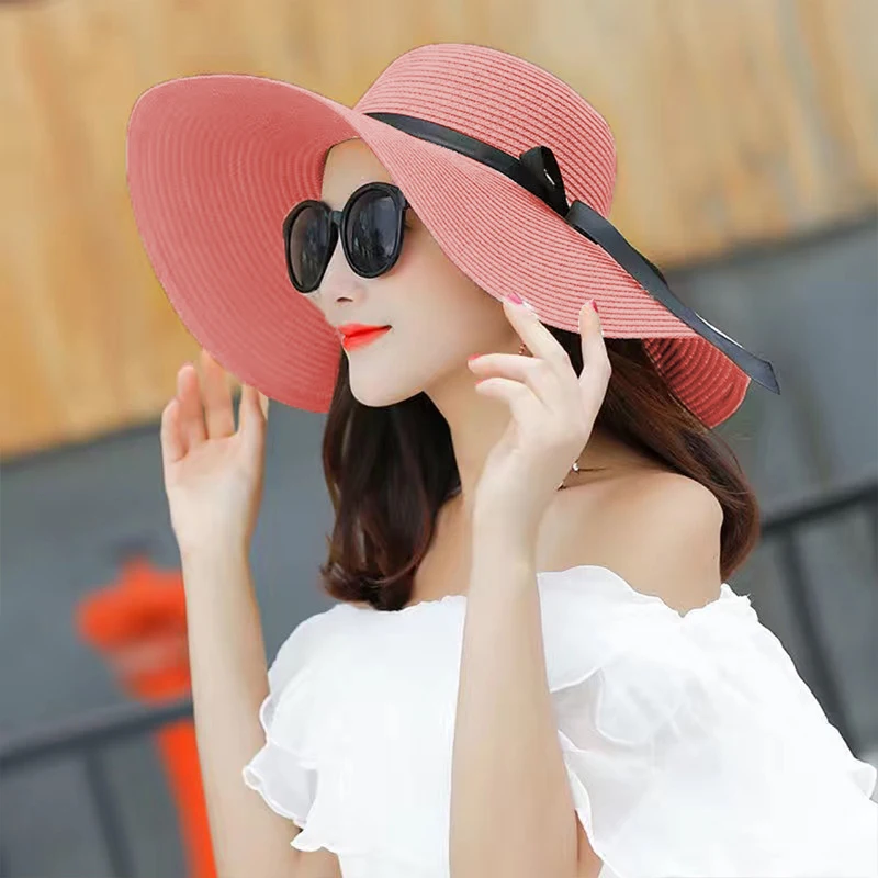 Summer Women Straw Hat Bowknot Wide Brim Floppy Panama Hats Sun Visor Female Lady Outdoor Foldable Beach Sun Cap Korean outdoor