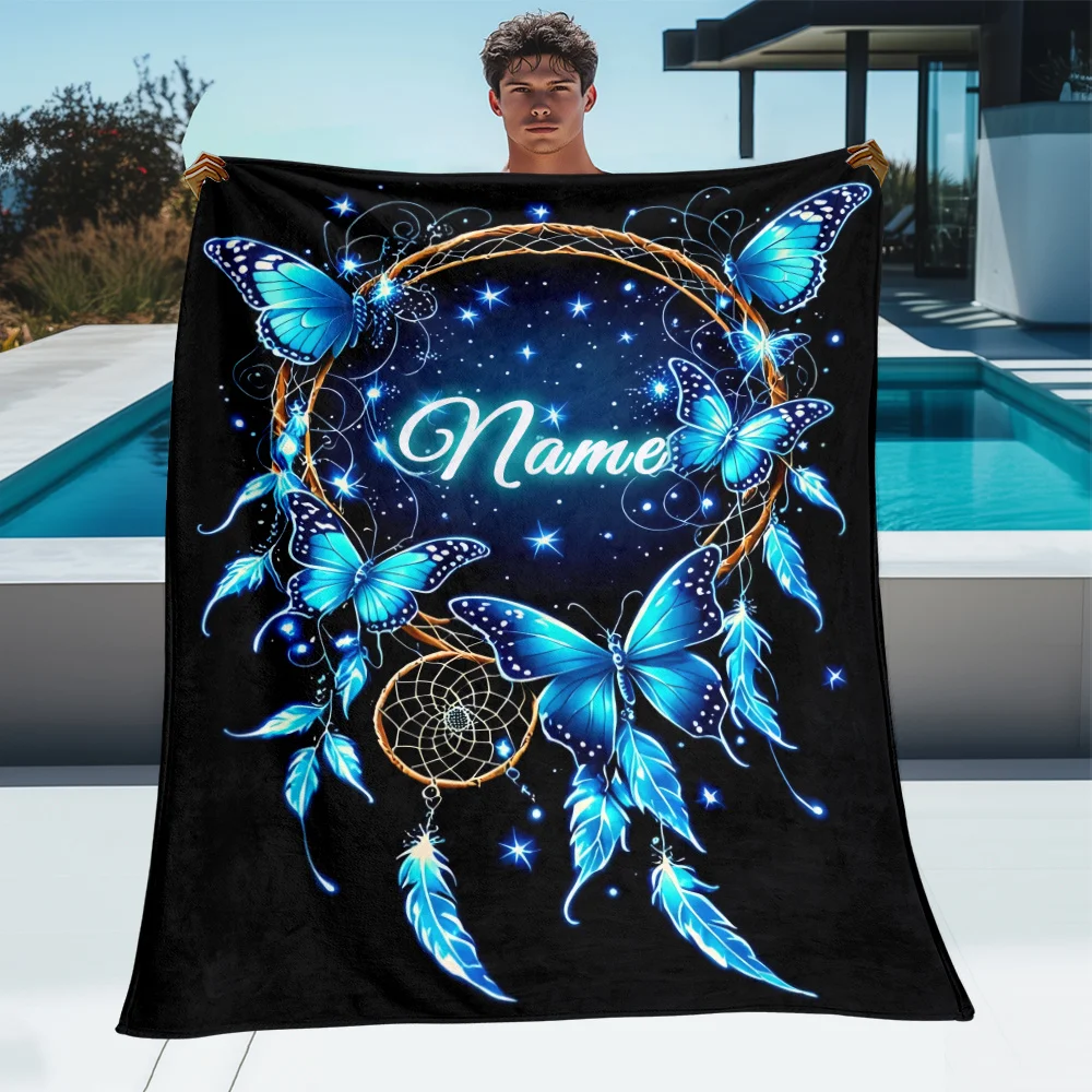 1 personalized custom named blanket with elegant blue butterfly and dreamcatcher night sky design, gentle all season polyester