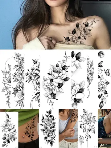 Temporary Rose Flower Skin Tattoo Stickers Removable Blossom Flase Tattoos for Apart Arm and Shoulder Neck Back Flower Tattoos