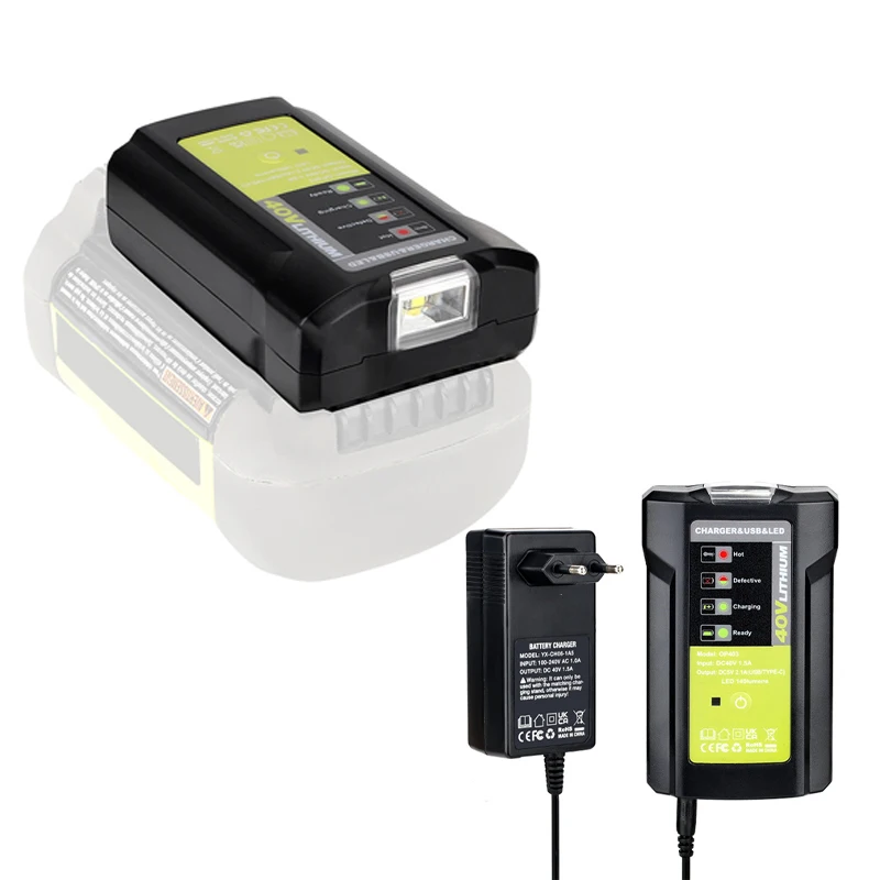 3W LED Work Light Battery Adapter For Ryobi 40V Lithium-Ion Battery Charger with USB Port Type-C Output Converter OP4015/OP4026