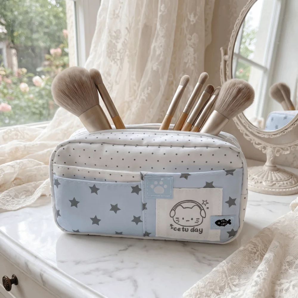 Polka Dot Cat Pattern Pencil Case Cream Color Cute Multi-Layer Pen Bag Practical Large Capacity Stationery Organizer