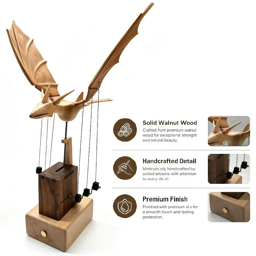 Western Dragon Wooden Mechanical Model Handcrafted Sculpture, Moving Wing Display Desktop Kinetic Art for Office Home Decor Gift