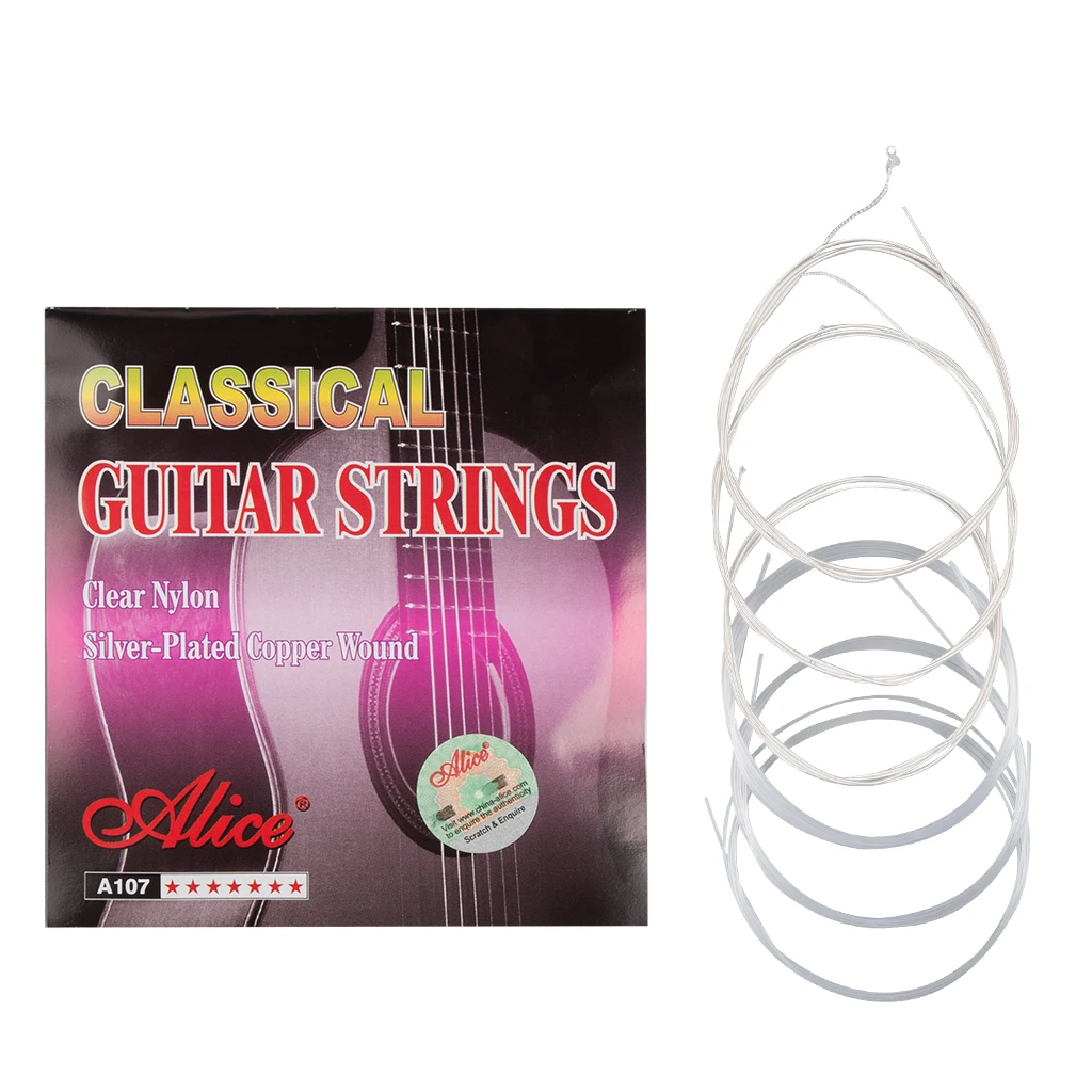 LOOK Original Alice Classical Guitar Strings Clear Nylon Core Silver Plated Copper Alloy Wound Normal Tension A107-N 1/5 Sets