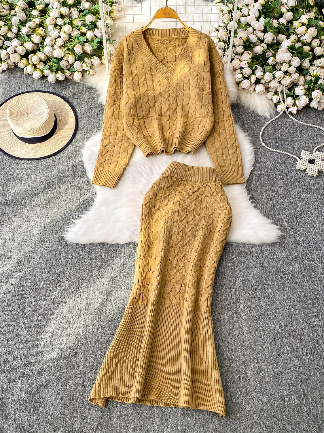 

Зимний свободный вязаный свитер Lazy Sle с V-образным вырезом и высокой талией, длинный комплект из двух предметов с одним хвостом Dr, Faionable Comm...