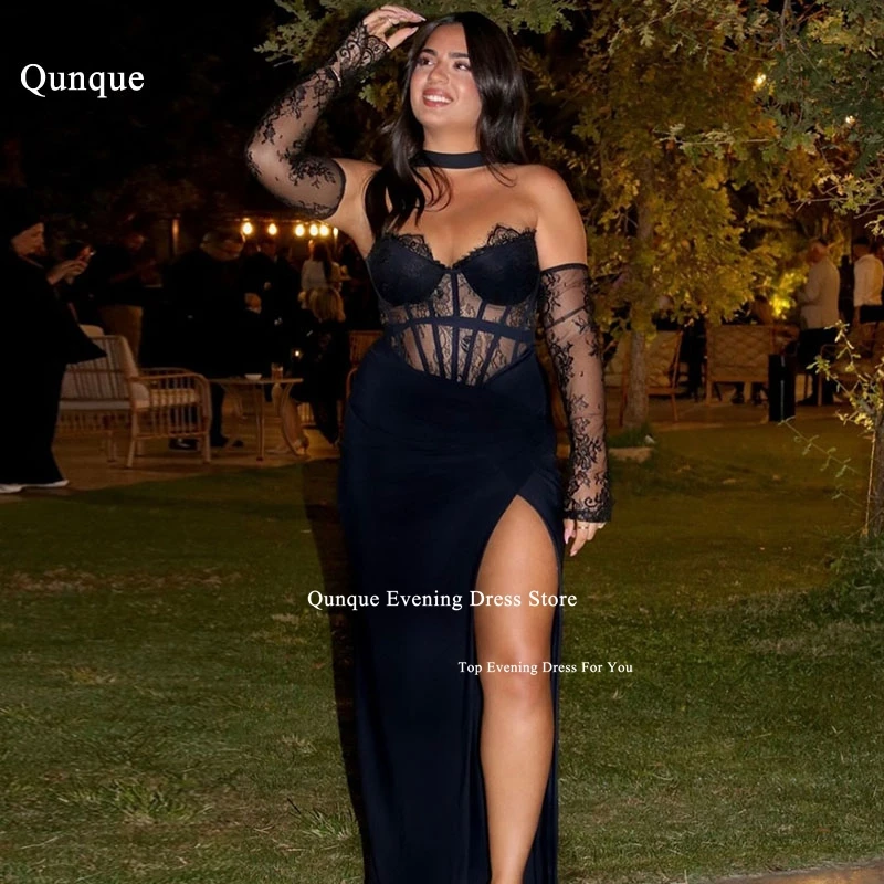

Qunque Elegant Black Mermaid Evening Dresses Sexy Leg Slit Lace Prom Dresses Detachable Sleeves Soiree Dress Women Customized