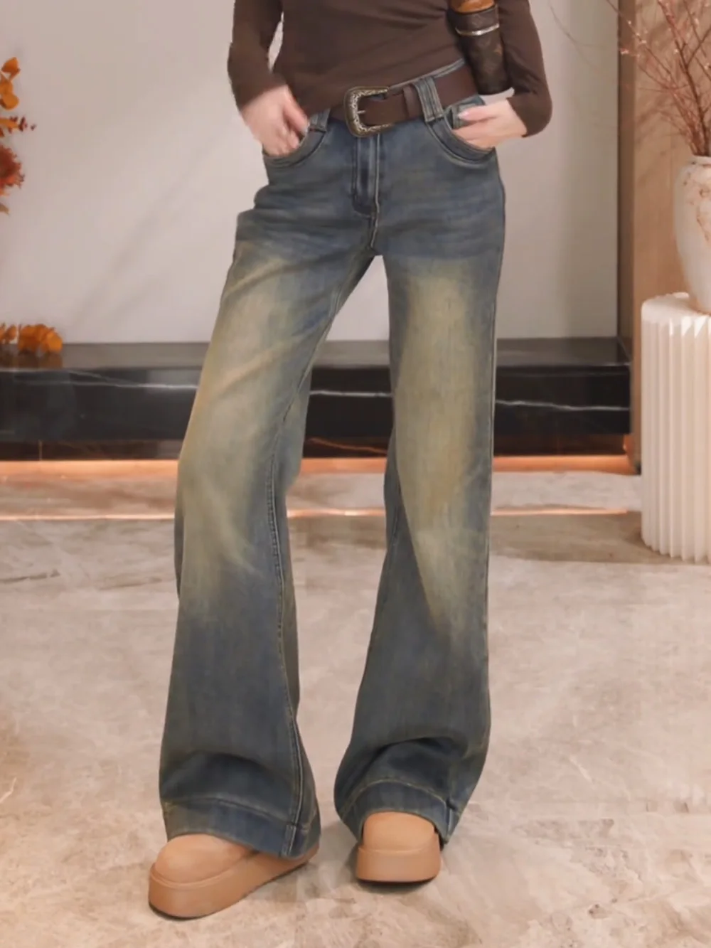 

Retro Faded Fleece Lined Thickened Micro Flared Denim Jeans Women's Slim Fit Long Pants Low Waist Zipper Cotton American Style