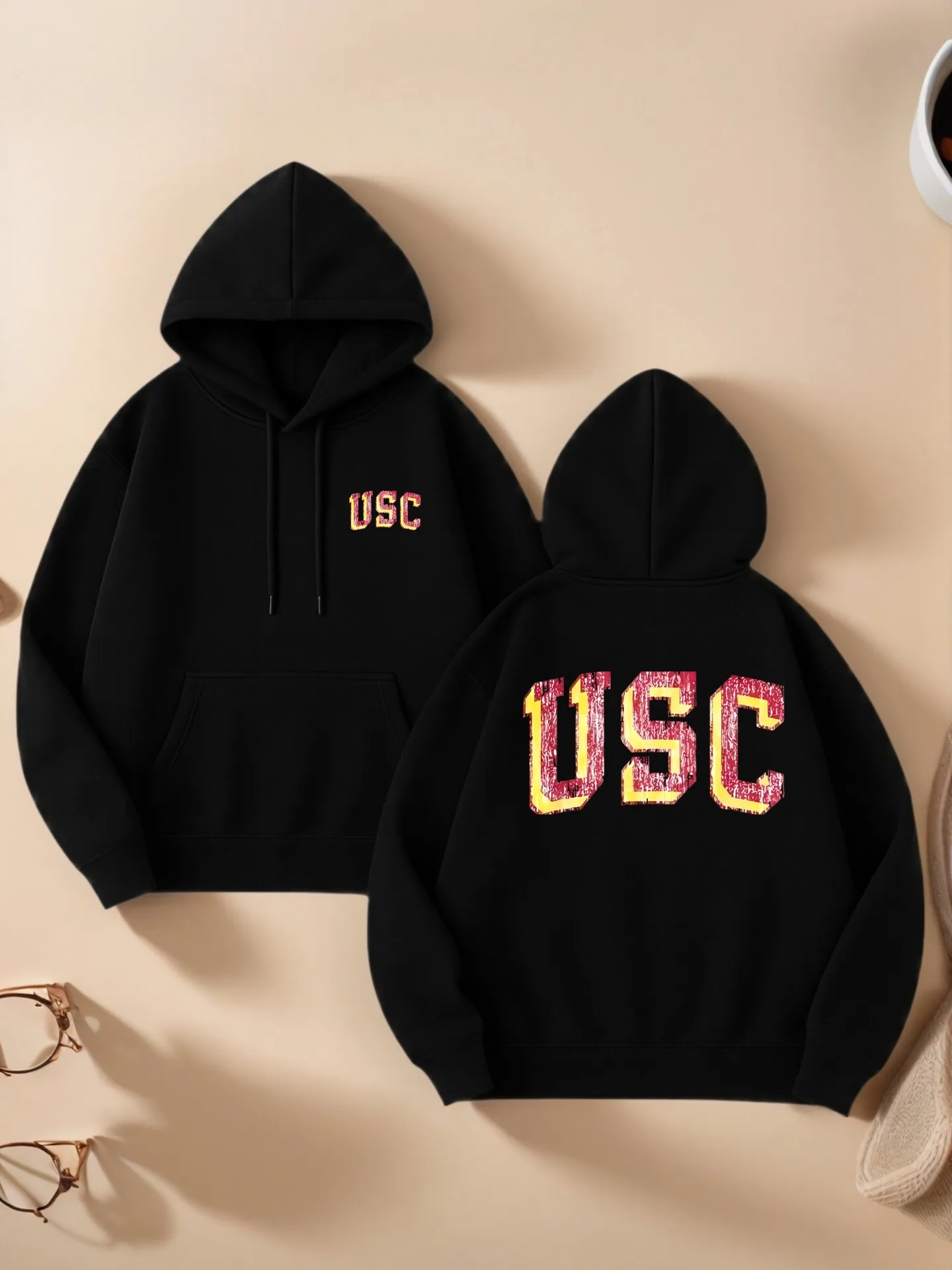 Essentiële hoodie met USC grafische print, streetwear-esthetisch, katoenmix, casual dagelijkse kleding, voor studenten