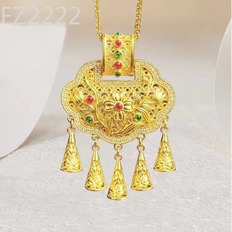 Trend ancient gold collar tassel point diamond thousand gold lock pendant safety lock gold filament concentric lotus necklace